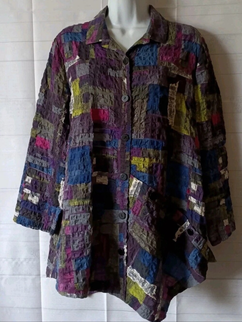 Habitat Multicolor Puckered Asymmetrical Button Front Top